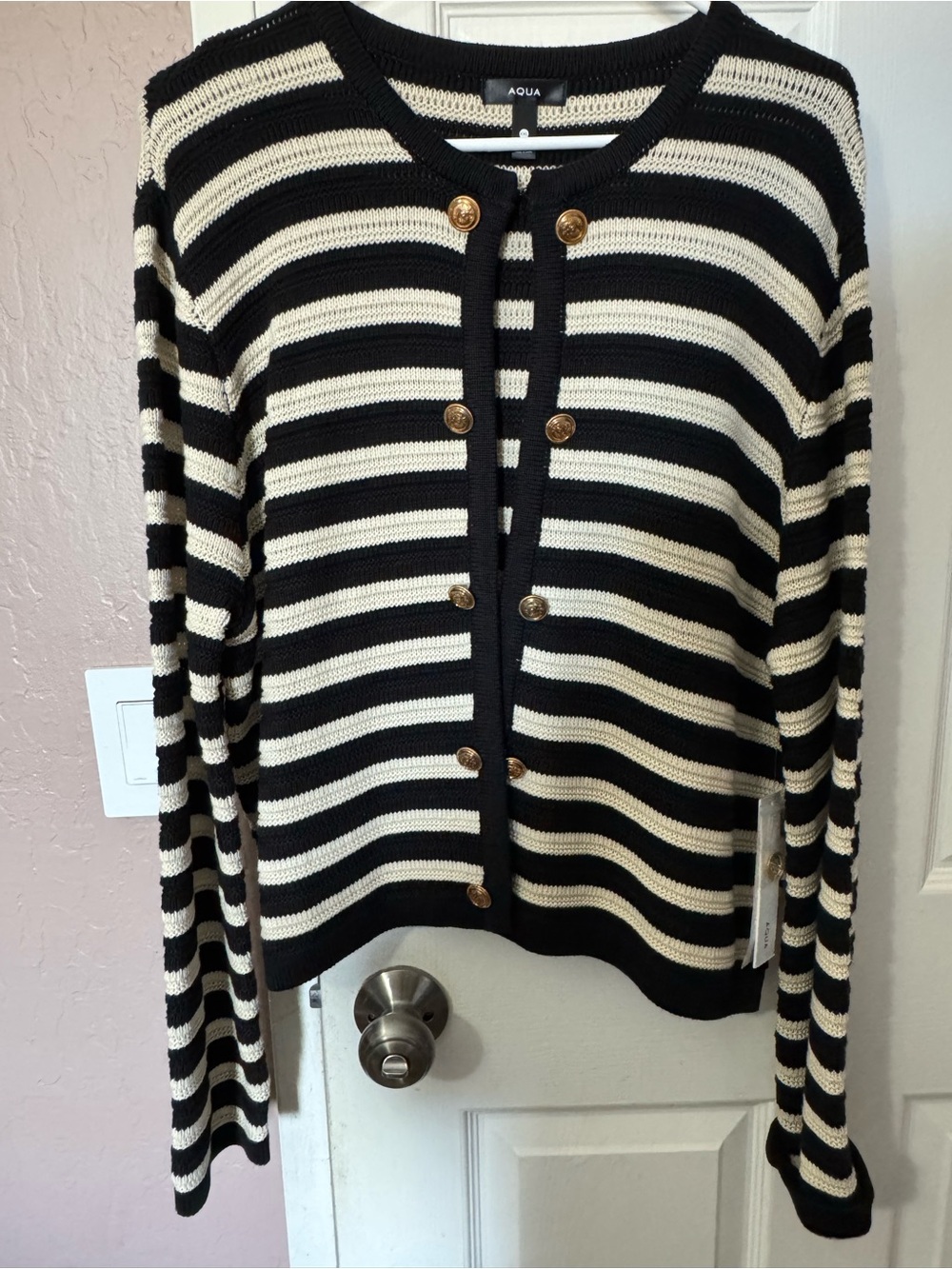 Banana Republic Black and Cream Striped Button-Front Cardigan